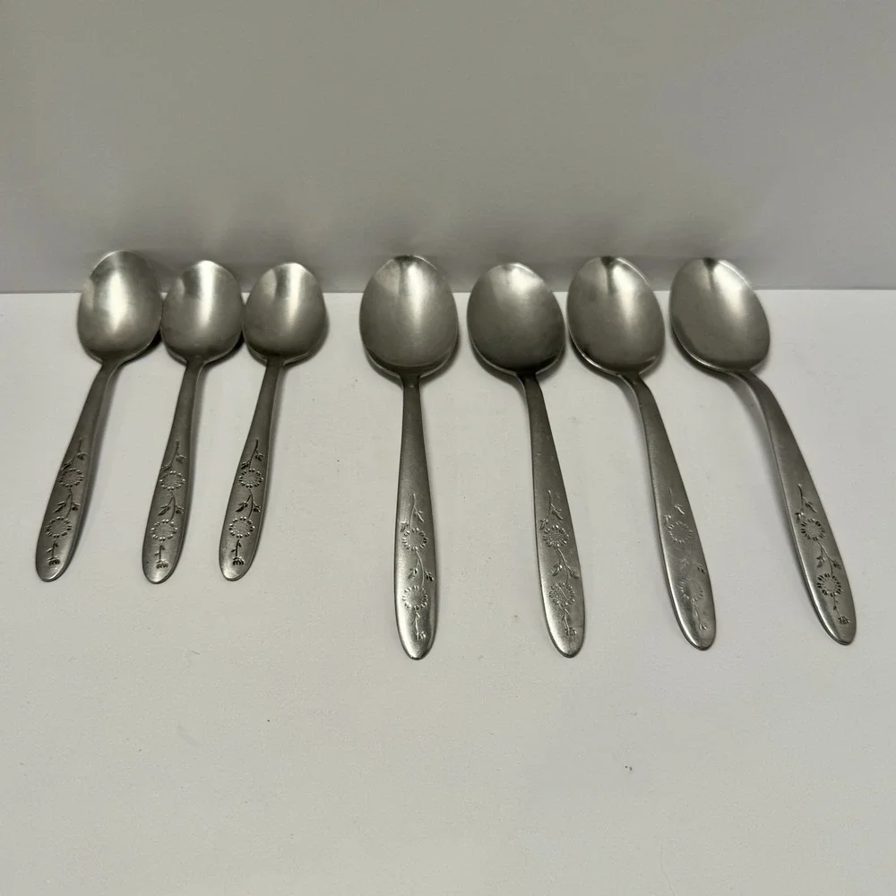 7 Flatware Sears Roebuck Wood Dale Stainless Sunflower 4 Tablespoons 3 Teaspoons
